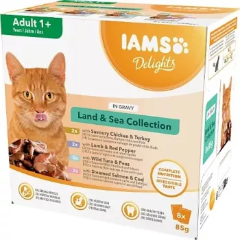 EUKANUBA IAMS DELIGHTS Land & Sea Collection in Gravy – Nassfutter für Katzen – 8x85g