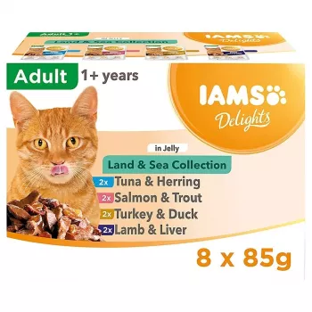 EUKANUBA IAMS DELIGHTS Land & Sea Collection in Gelee – Nassfutter für Katzen – 8x85g