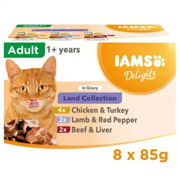 EUKANUBA IAMS Delights Land Collection in Sauce Nassfutter für Katzen, 8 x 85g Beutel (Huhn, Rind, Lamm)