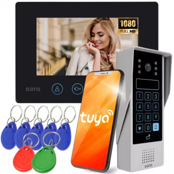EURA VDP-90A3 DELTA+ Schwarz 7 inch Full HD Video-Türsprechanlage, WiFi, 2 Eingänge, Tastatur, Näherungsleser, AHD, Tuya