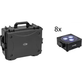 EUROLITE Set 8x AKKU Flat Light 3 sw + Kunststoffkoffer mit Trolley RGBW LED QuickDMX
