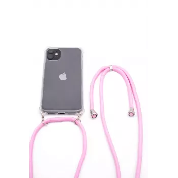 Evelatus Apple iPhone 11 Silikon Transparente Hülle mit Halsband TPU Band Transparent Pink