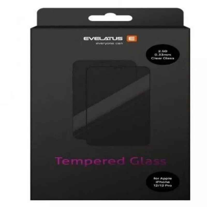 Evelatus Apple iPhone 12/12 Pro 0,33 mm klares Displayschutzglas aus gehärtetem Glas mit Japan-Kleber, antistatisch