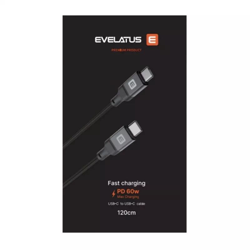 Evelatus Coiled USB-C auf USB-C Kabel 1,2 m 60 W PD geflochten Schwarz