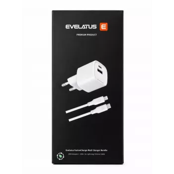 Evelatus FusionCharge Wandladegerät Bundle 20W Netzteil mit 60W USB-C auf Lightning Silikonkabel Weiß
