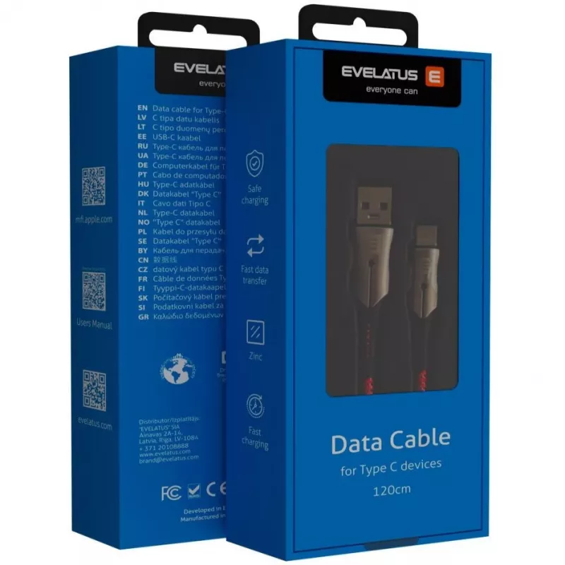 Evelatus Type-C Datenkabel TPC02 Schwarz - USB-A auf USB-C, 1,2m, USB 2.0, 480 Mbps, 15W Laden