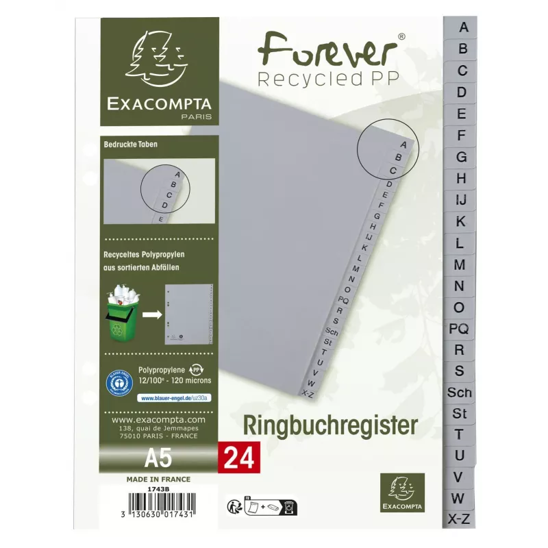 Exacompta Index Divider Set Half-Format A-Z Grey 24-Tab 1 Set
