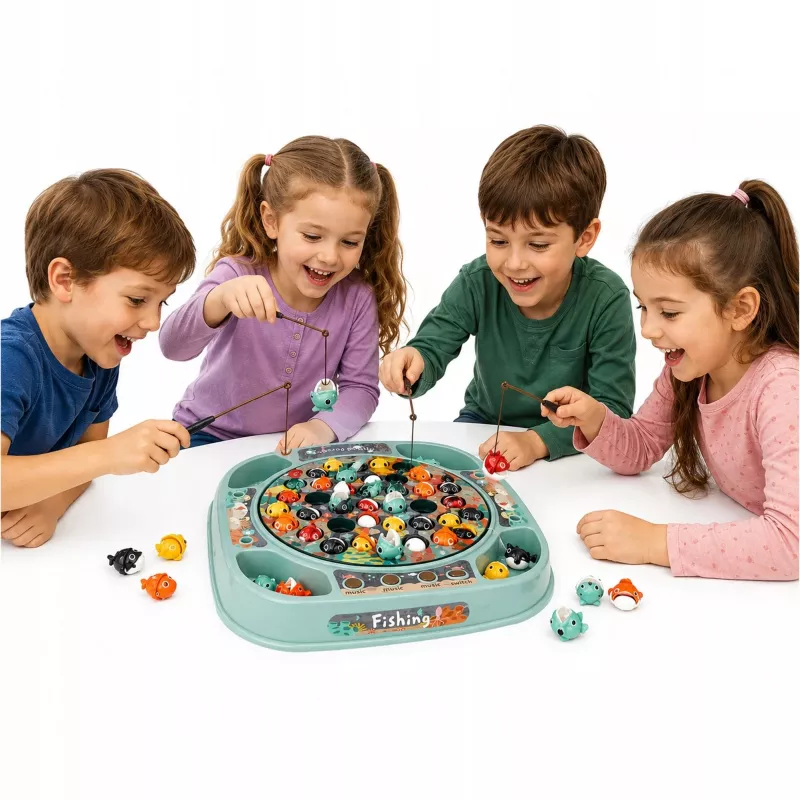 EXTRALINK Angelspiel Geschicklichkeitsspiel 45 Fische + 4 Angelruten Musik
