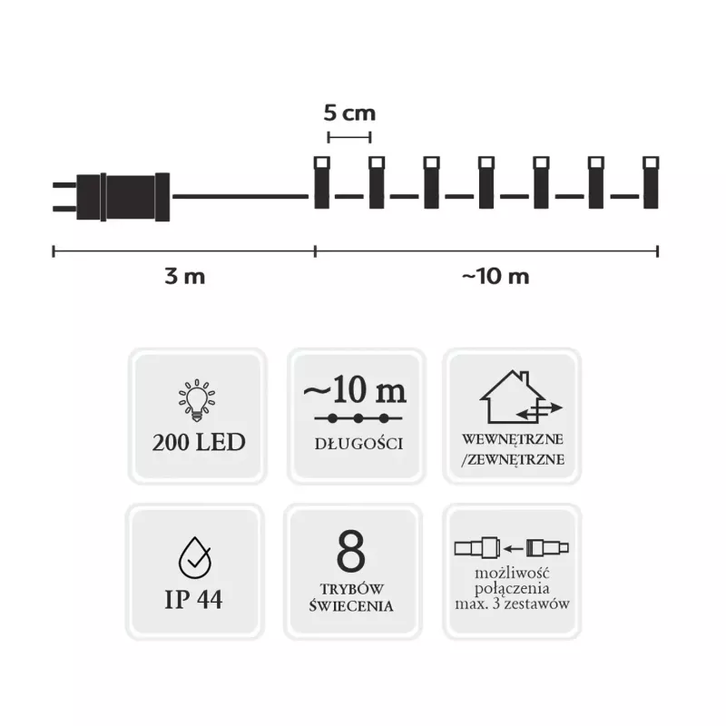 Extralink LED-Lichterkette 200 LEDs Kaltweiß 10m + 3m IP44 Innen/Außen