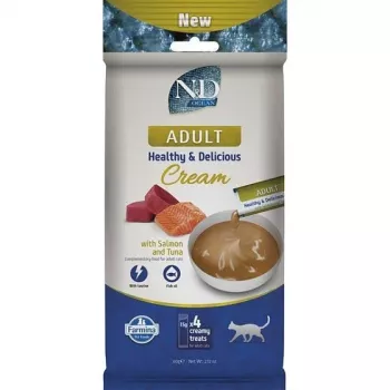 FARMINA N&D Ocean Cat Cream mit Lachs & Thunfisch Adult Box – Katzenleckerli für erwachsene Katzen – 4x15g