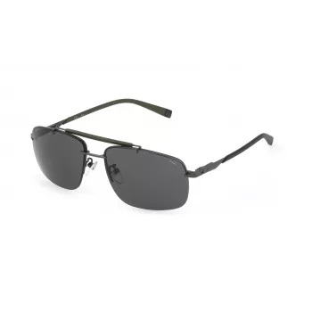 FILA SFI210-610627 Herren-Rechteck-Sonnenbrille, glänzender schwarzer Acetatrahmen, rauchgraue Polycarbonatgläser, 61/15/145 mm