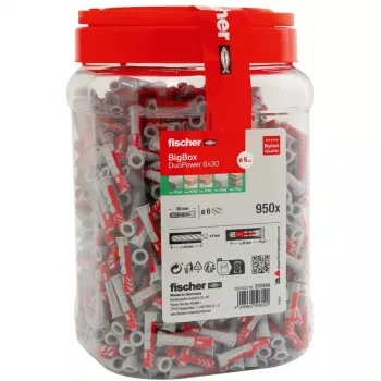 fischer DUOPOWER 6x30 Universal-Dübel BigBox, Hellgrau/Rot, 950 Stück, wiederverschließbare Box 570548