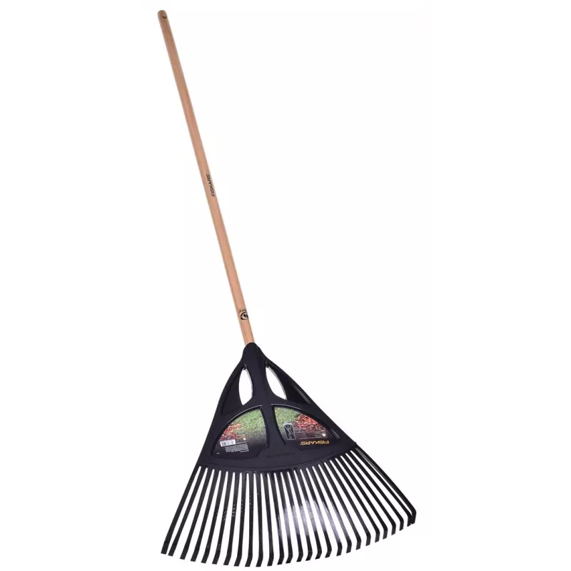 Fiskars Solid Laubrechen, 52 cm breiter Polypropylen-Kopf, 175 cm Aluminiumstiel, 25 flexible Zinken, Schwarz/Orange