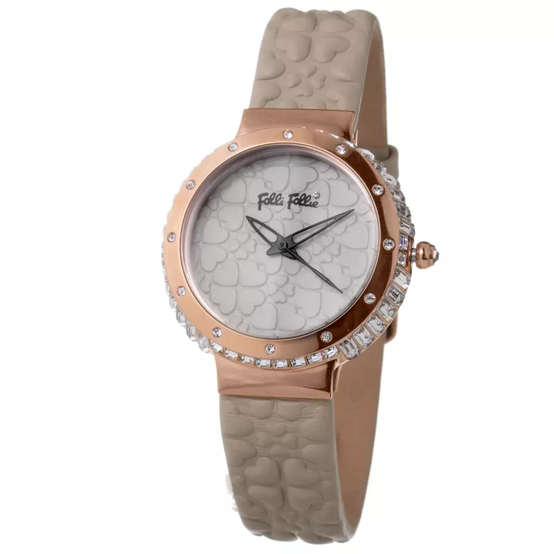 FOLLI FOLLIE Donatella Damen-Quarzuhr WF13B032SPI 35mm Edelstahlgehäuse Weißes Zifferblatt Rosafarbenes Lederarmband