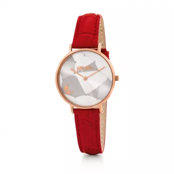 FOLLI FOLLIE Damen Quarz Analog Uhr WF19R016SSWRE 32mm Edelstahlgehäuse Weißes Zifferblatt Rotes Lederarmband