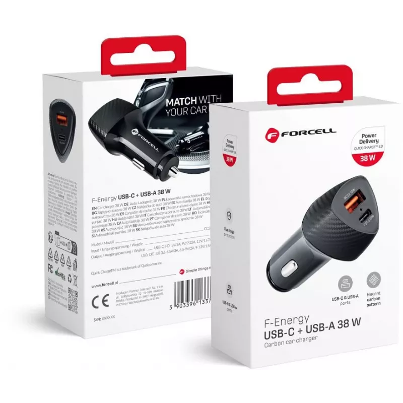 Forcell Carbon CC50-1A1C 38W Auto-Ladegerät USB-C PD 3.0 + USB-A QC 3.0 Schwarz