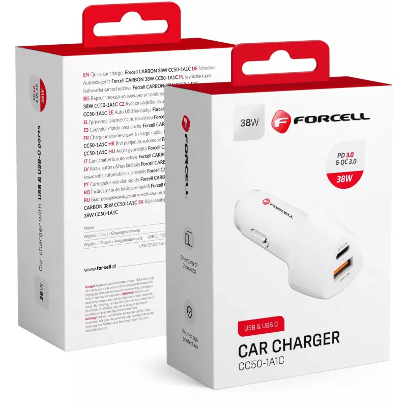Forcell Carbon CC50-1A1C 38W USB-C PD + USB-A QC 3.0 Auto-Ladegerät - Weiß