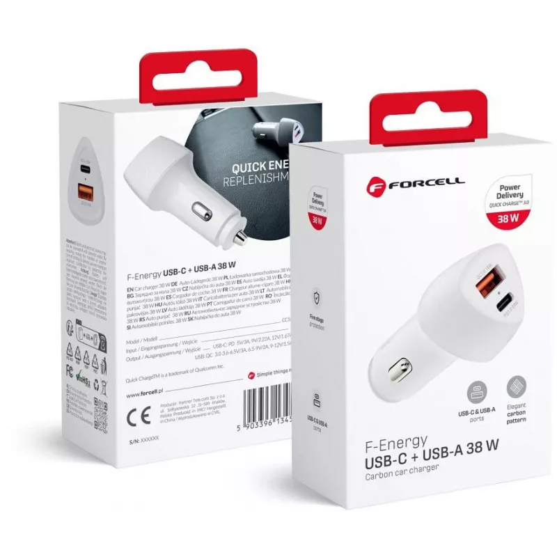 Forcell Carbon CC50-1A1C 38W USB-C PD + USB-A QC 3.0 Auto-Ladegerät - Weiß