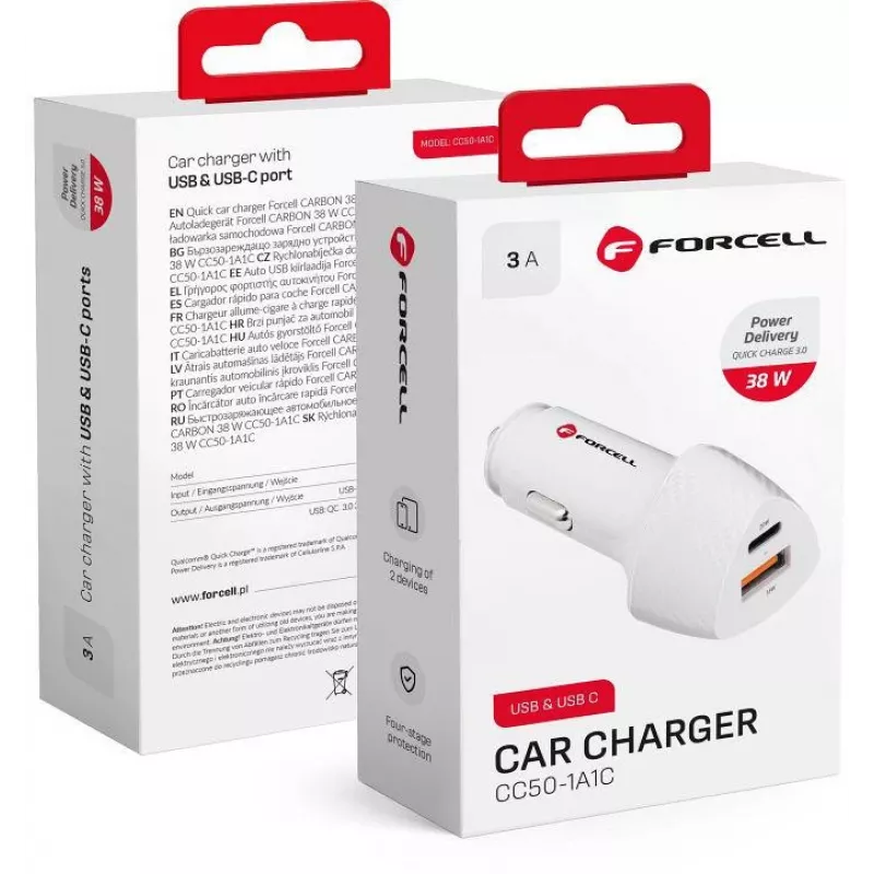 Forcell Carbon CC50-1A1C 38W USB-C PD + USB-A QC 3.0 Auto-Ladegerät - Weiß