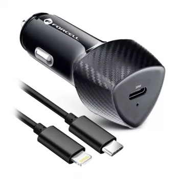 Forcell F-Energy Carbon Car Charger USB-C QC3.0 PD 20W mit USB-C auf Lightning Kabel CC50-1C Schwarz