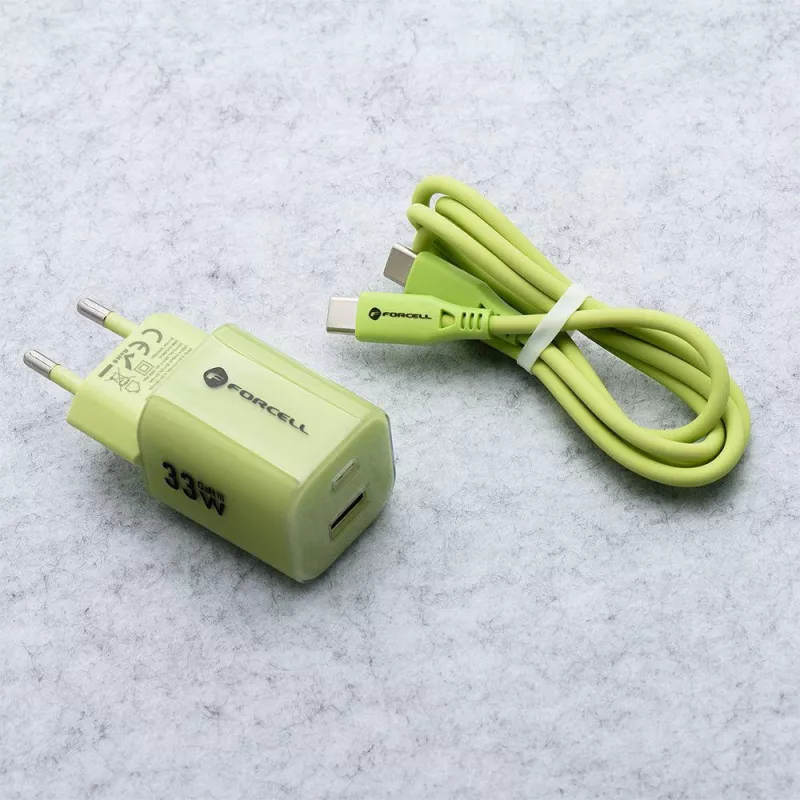 Forcell F-Energy GaN III VT-41 33 W GaN-Wandladegerät, 1x USB-C PD 3.0/PPS & 1x USB-A QC 4.0, Grün