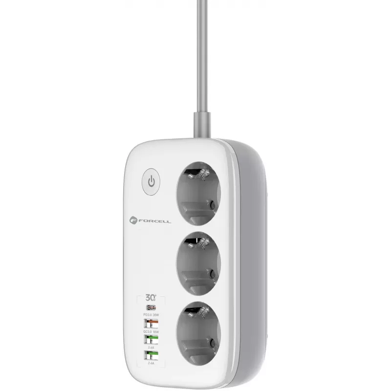 Forcell F-Energy VT-PS03 Smart Power Strip, 3x Schuko-Steckdosen, USB-C PD 30W, 3x USB-A QC 3.0, Wi-Fi, Tuya App-Steuerung, 2500W/10A