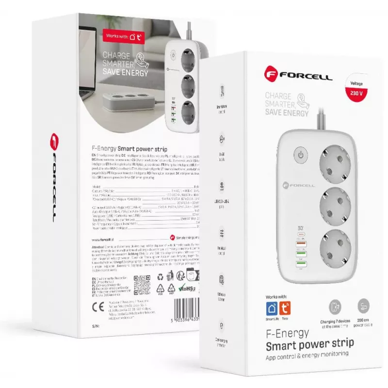 Forcell F-Energy VT-PS03 Smart Power Strip, 3x Schuko-Steckdosen, USB-C PD 30W, 3x USB-A QC 3.0, Wi-Fi, Tuya App-Steuerung, 2500W/10A