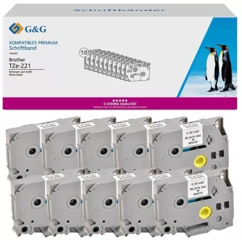 G&G 20101 Kompatibles Brother TZe-221 Etikettenband, 9mm x 8m, Schwarz auf Weiß, laminiert, 10er-Pack