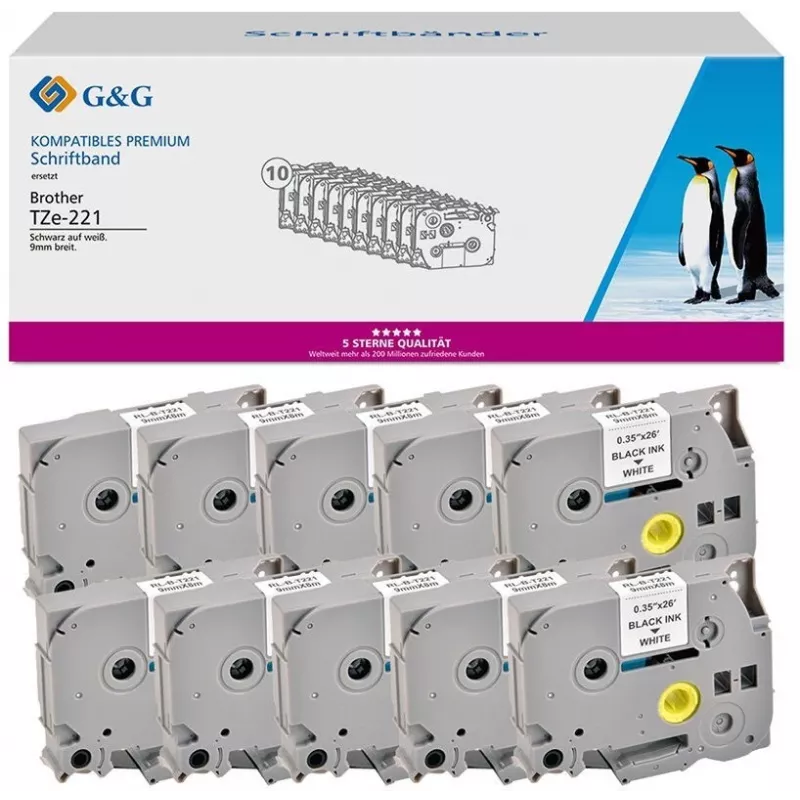 G&G 20101 Kompatibles Brother TZe-221 Etikettenband, 9mm x 8m, Schwarz auf Weiß, laminiert, 10er-Pack