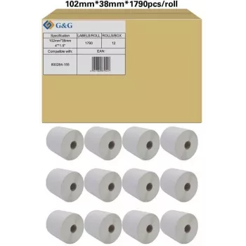 G&G Etikettenrollen kompatibel mit Zebra 800264-155, Weiß, 102 x 38 mm, 12 x 1790 Etiketten (19802)