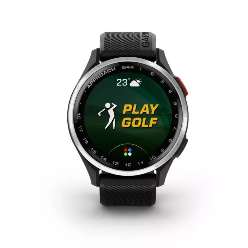 Garmin Approach S44 Silberner Aluminium-Lünette mit schwarzem Silikonarmband