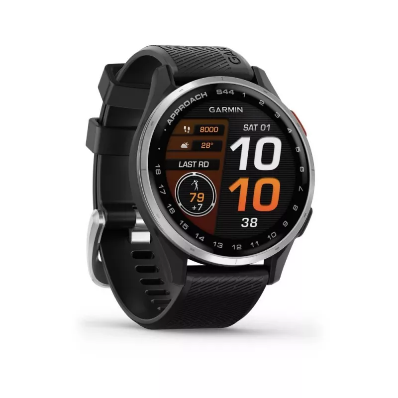 Garmin Approach S44 Silberner Aluminium-Lünette mit schwarzem Silikonarmband
