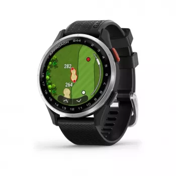 Garmin Approach S44 Silberner Aluminium-Lünette mit schwarzem Silikonarmband