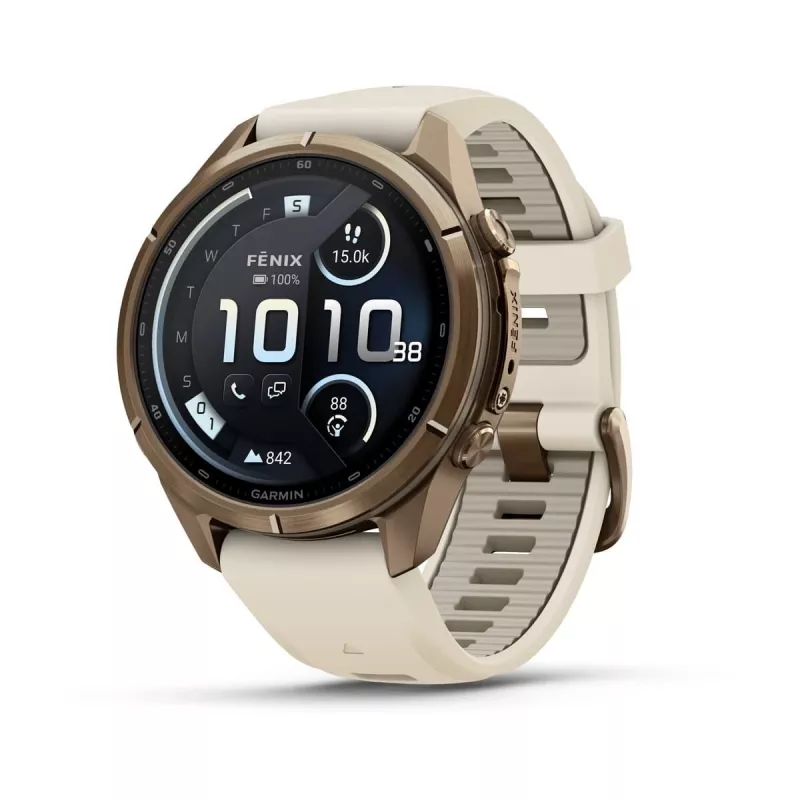 Garmin Fenix 9 Pro – inReach, 43mm Autumn Gold Titanium mit Cream/French Grey Silikonarmband