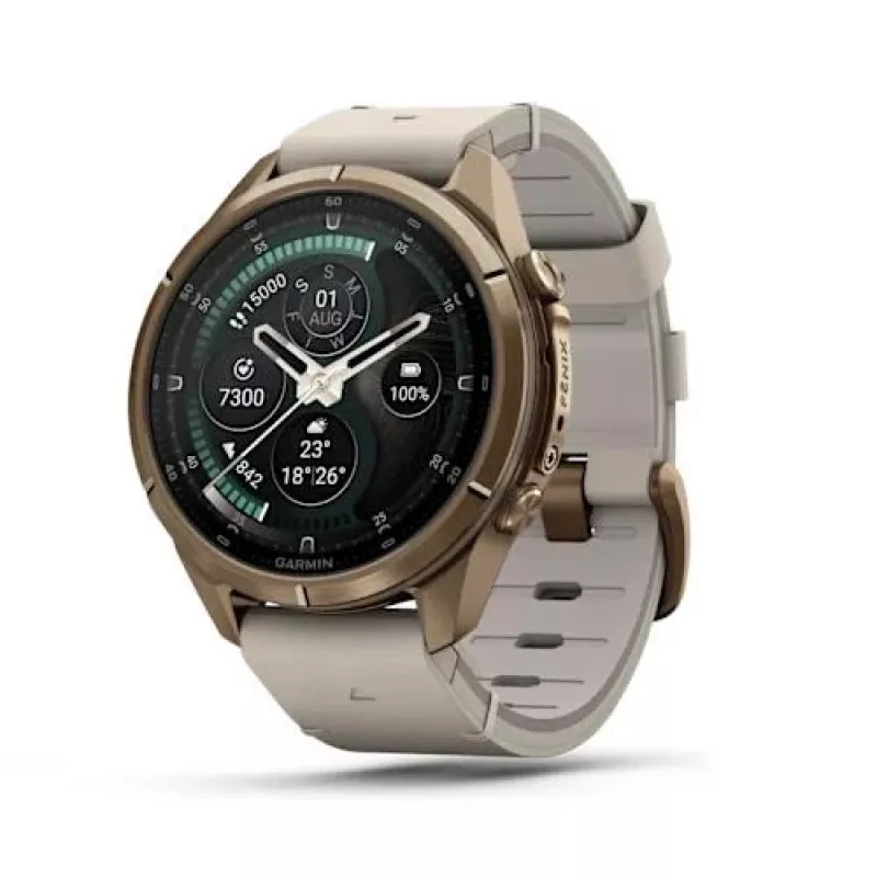 Garmin Fenix 9 Pro – inReach, 43mm Autumn Gold Titanium mit Cream/French Grey Silikonarmband
