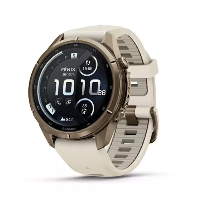 Garmin Fenix 9 Pro – inReach, 43mm Autumn Gold Titanium mit Cream/French Grey Silikonarmband