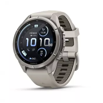 Garmin Fenix 9 Pro – inReach, 43mm Titan mit Fog Grey/Dark Sandstone Silikonarmband