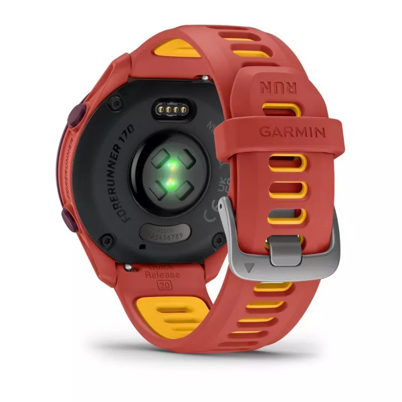 Garmin Forerunner 170 Music GPS-Laufuhr, Berry-Gehäuse mit rot-pinkem/mangofarbenem Armband