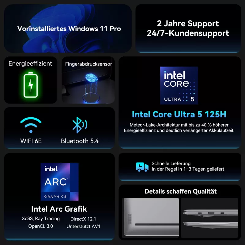 GEEKOM GEEKBOOK X16 PRO (Silber, Intel Core Ultra 5 125H, Intel Arc Graphics, 32 GB LPDDR5, 1 TB SSD, Windows 11 Pro)