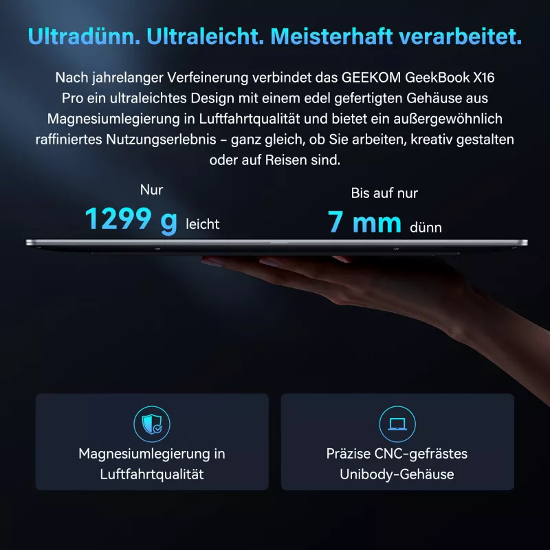 GEEKOM GEEKBOOK X16 PRO (Silber, Intel Core Ultra 5 125H, Intel Arc Graphics, 32 GB LPDDR5, 1 TB SSD, Windows 11 Pro)