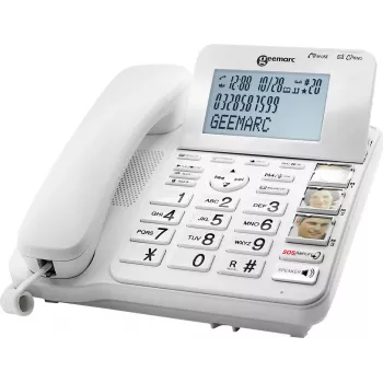 Geemarc CL595 Schnurgebundenes Seniorentelefon mit Anrufbeantworter, Freisprecheinrichtung, optischer Rufanzeige, Hörgerätekompatibel, Notfall-Pendant, Weiß