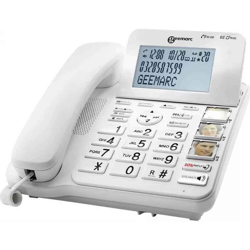 Geemarc CL595 Schnurgebundenes Seniorentelefon mit Anrufbeantworter, Freisprecheinrichtung, optischer Rufanzeige, Hörgerätekompatibel, Notfall-Pendant, Weiß