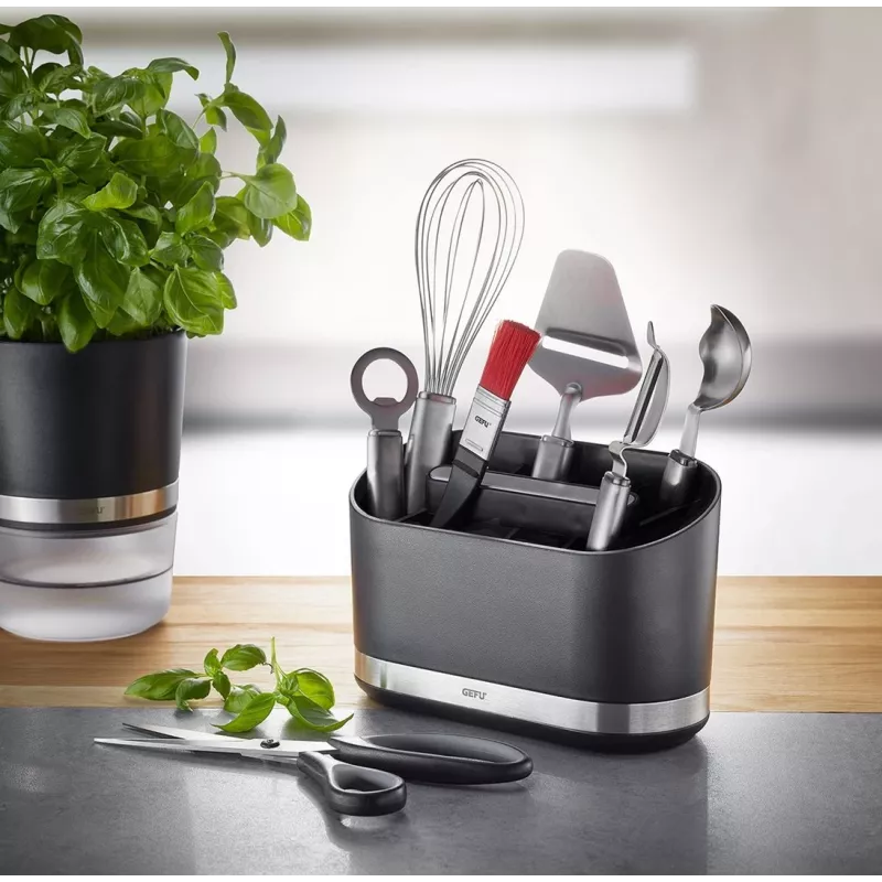 GEFU SMARTLINE Tisch-Organizer Halter, Edelstahl & Schwarz, rutschfeste Basis, spülmaschinenfest, 10 x 14 cm