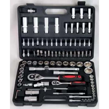 GEKO 94-teiliger L-TECH Steckschlüssel- und Schraubenschlüsselsatz mit 1/4 Zoll und 1/2 Zoll Antrieb, Chrom-Vanadium, satinierte Oberfläche, Kunststoffkoffer