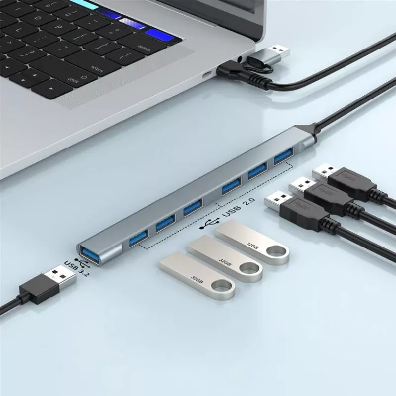 Gembird 7-Port USB 3.2 Gen 2 Hub - 6x USB-A 2.0 + 1x USB-A 3.2, Silber