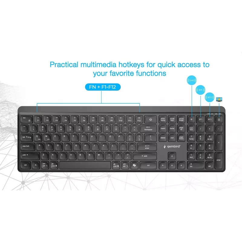 Gembird KB-WPS-03 Dual-Mode Pro-Business Slim Wireless Keyboard, 2.4G + Bluetooth, US Layout, Schwarz