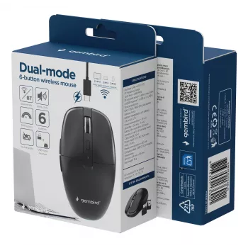 Gembird MUSW2-6B-01 Dual-Mode-Funkmaus, 2,4 GHz + Bluetooth 5.0, 1600 DPI, 6 Tasten, Schwarz