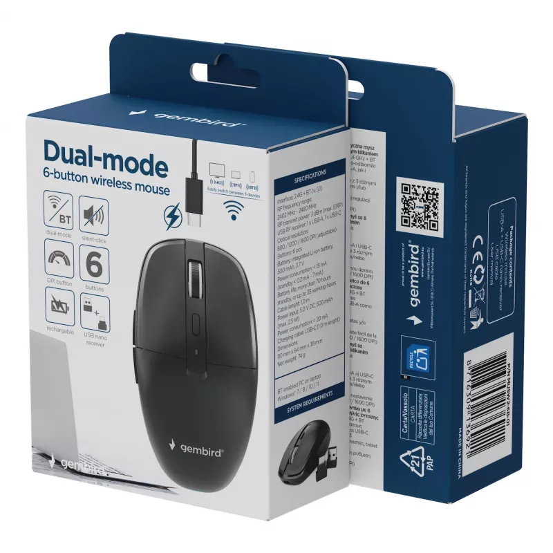Gembird MUSW2-6B-01 Dual-Mode-Funkmaus, 2,4 GHz + Bluetooth 5.0, 1600 DPI, 6 Tasten, Schwarz