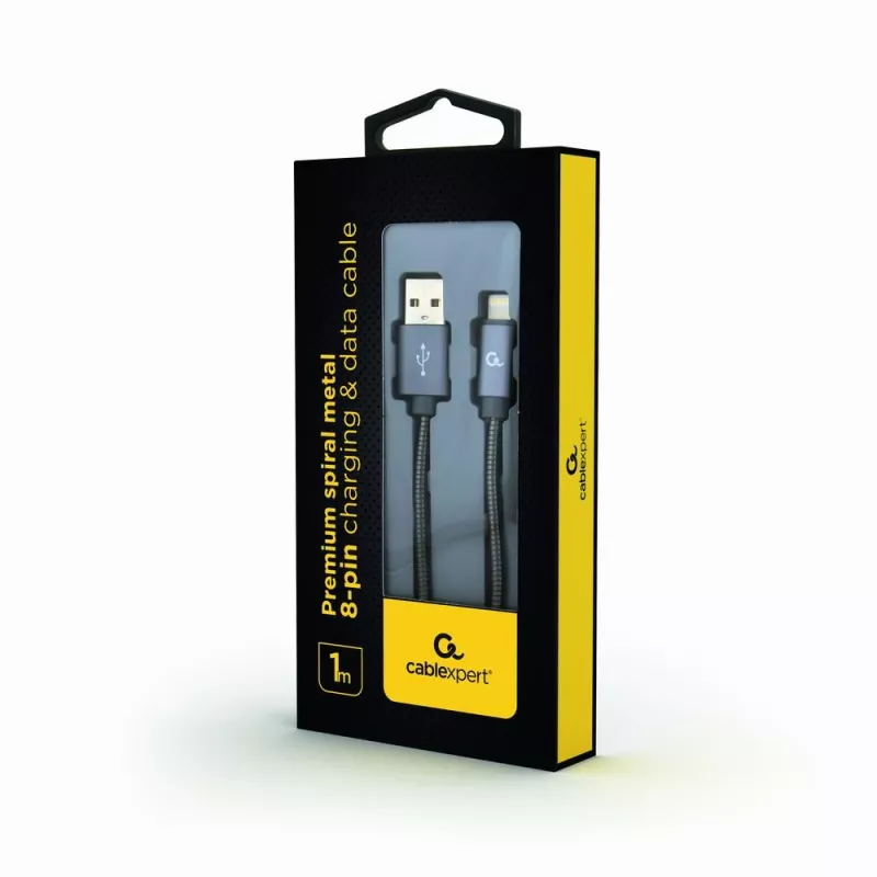 Gembird USB-A auf Lightning Kabel, Premium Spiral Metall, 1m, Metallic Grey