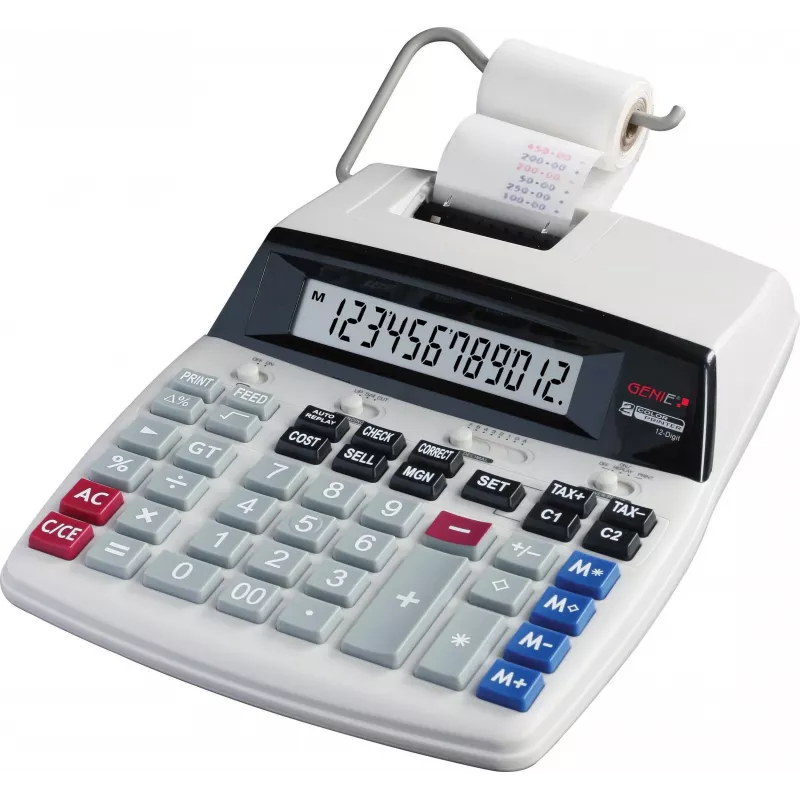GENIE D69 PLUS Desktop-Druckrechner mit Farbband, 12-stelliges LCD, 2-Farb-Druck, AC/Batterie